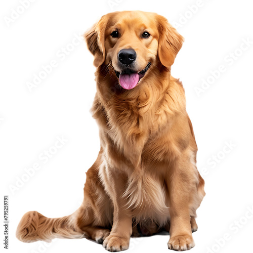 A golden retriever dog sitting, happy expression, full body shot, white background, 