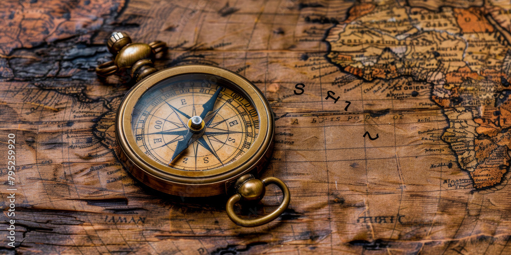 A compass is on a map of the world. The compass is pointing to the right. The map is brown and has a vintage look