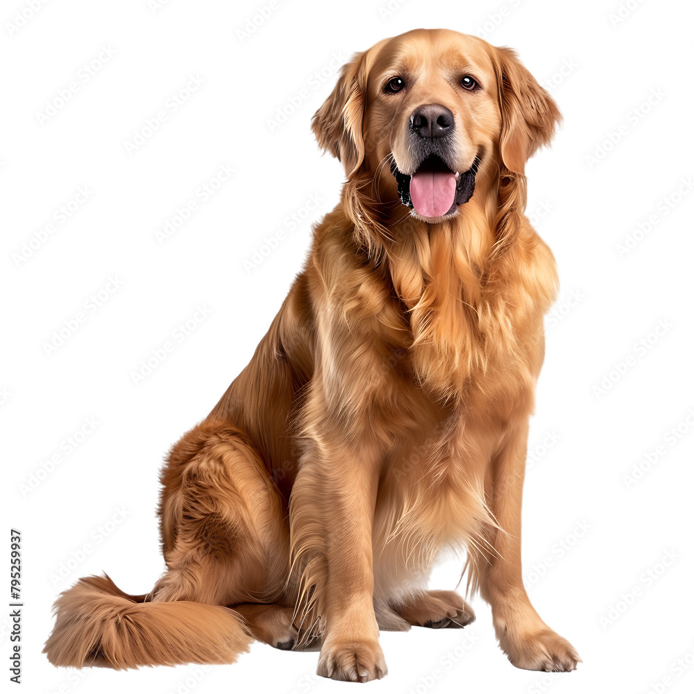 A tan dog with a fluffy tail and long ears sits against a white background.