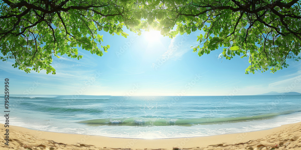 A beautiful beach scene with a clear blue sky and a calm ocean. The sun is shining brightly, creating a warm and inviting atmosphere. The trees in the background provide a sense of tranquility