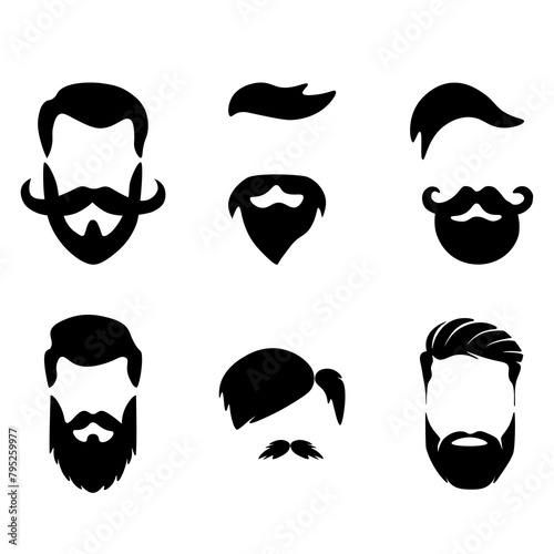 Hipster detailed hairstyle and beard with set. Fashion bearded man face. Beard isolated on white background. Vector illustration photo
