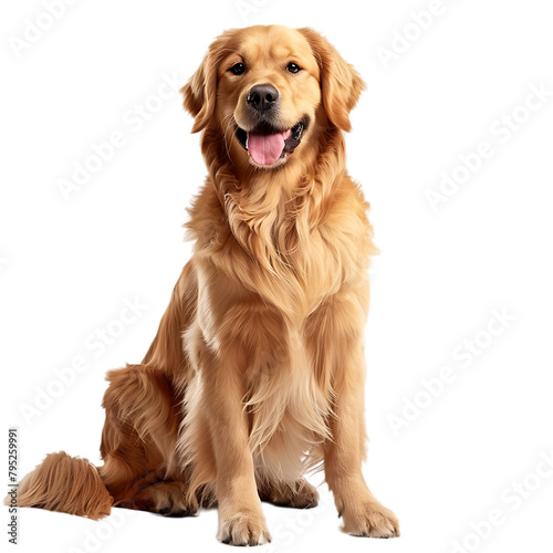 Golden Retriever dog sitting happily with white background in a photo realistic high resolution style
