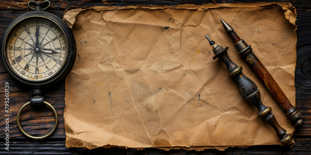A compass and a pen are on a piece of paper. The paper is blank and has ...