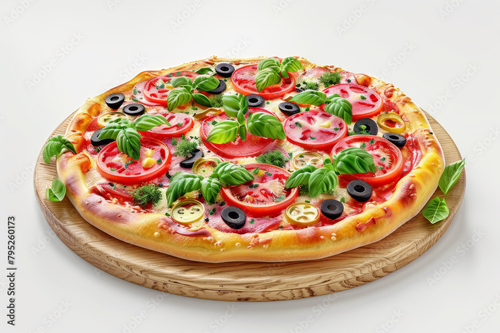 A delicious pizza with a crispy crust, topped with melted cheese, juicy tomatoes, and fresh basil leaves.