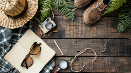 A hat, a pair of shoes, a camera, and a notebook are on a wooden table