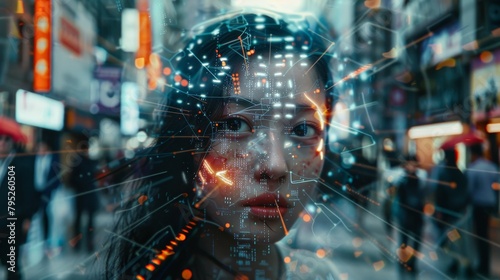 Woman distorted into fragments of obliterated digital destruction, swallowed by an infinite glitch of cybernetic coding of space and time, standing in a busy city street
 photo