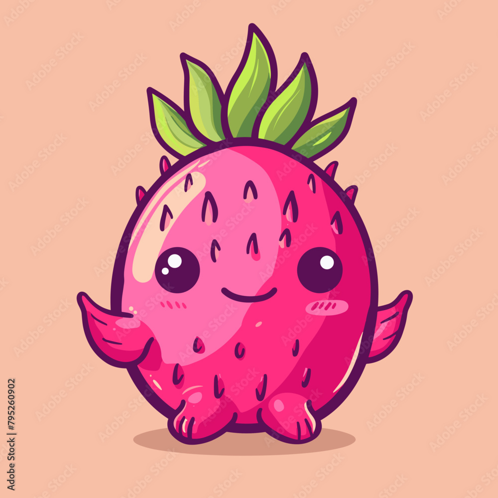 Obraz premium A cartoon Dragonfruit with a green stem and a pinkish red color