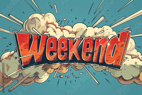 Comic book explosion with weekend text on blue sky background photo