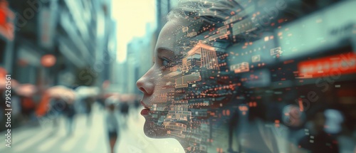 woman digital mainframe of infinite glitch of cybernetic coding or communication  photo