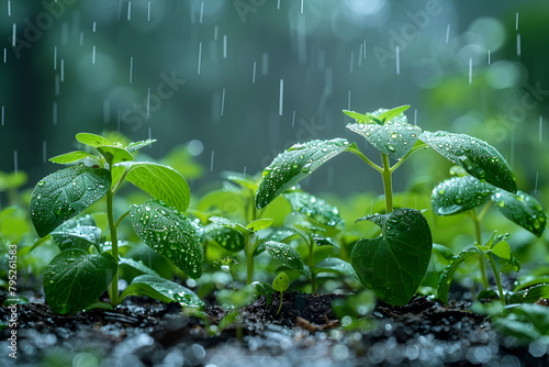 Green Seedlings Growing on the Ground in the Rain, Spring rain solar term Grain Rain background seedlings and buds growing from seeds concept Illustration 