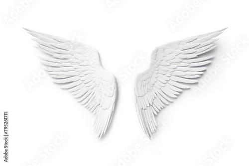 White angel wings with feather details isolated on a white background, symbolizing purity and freedom. Angel Wings Isolated on White Background