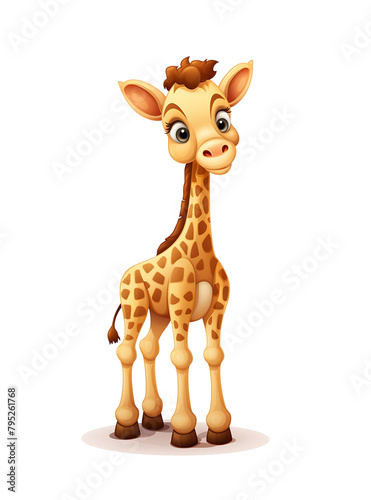 Endearing young giraffe with large, gentle eyes and a tender smile, standing tall against a white background. Generative AI