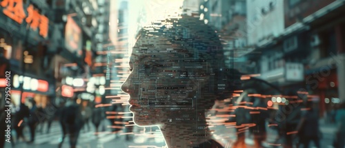 Digital silhouette of a human head against a dynamic backdrop of colorful data streams. 