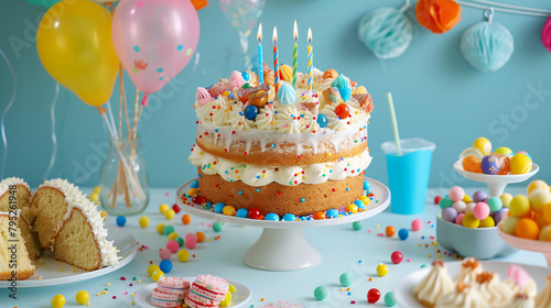 Birthday cake with candles and sweets on white table 