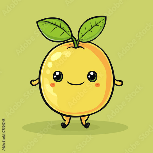 A cartoon fruit with a green leaf on top. The fruit is smiling and he is happy
