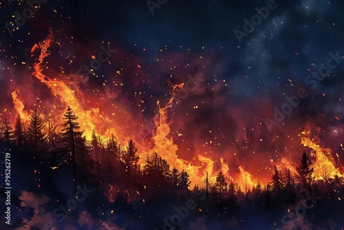 raging wildfire with intense flames and glowing embers against night sky digital painting © Lucija
