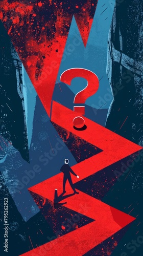 Arrow going down and question mark and man stopping it, abstract illustration of finnancial problems photo