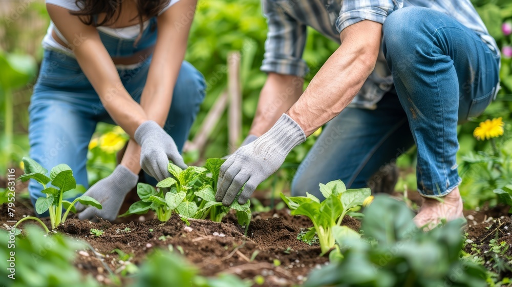 Sustainability, plant growth, and environmental accountability farmers plant green eco plants in soil. Couple, man, or woman on farm, field, or nature land