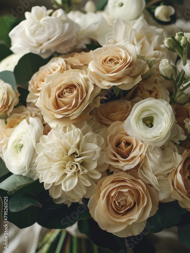 Close up of bridal bouquet  flower bouquets at the florist shop flowers in white orose tones photo