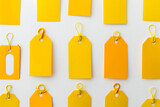 professional and polished photo a variety of yellow price tags arranged against a white backdrop, providing a versatile and customizable template for retailers and marketers,