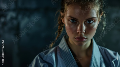 Serious female karate athlete facing forward. Healthy, motivated young girl training martial arts. Combat, fitness, and discipline in the dojo.