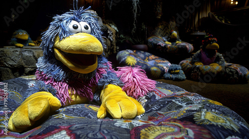 A stuffed animal with a blue and pink face is sitting on a bed. The bed is covered in a floral pattern photo
