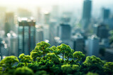 Tiny trees in a lush green forest with a blurred cityscape in the background, a miniature model, Sustainable smart green city concept.