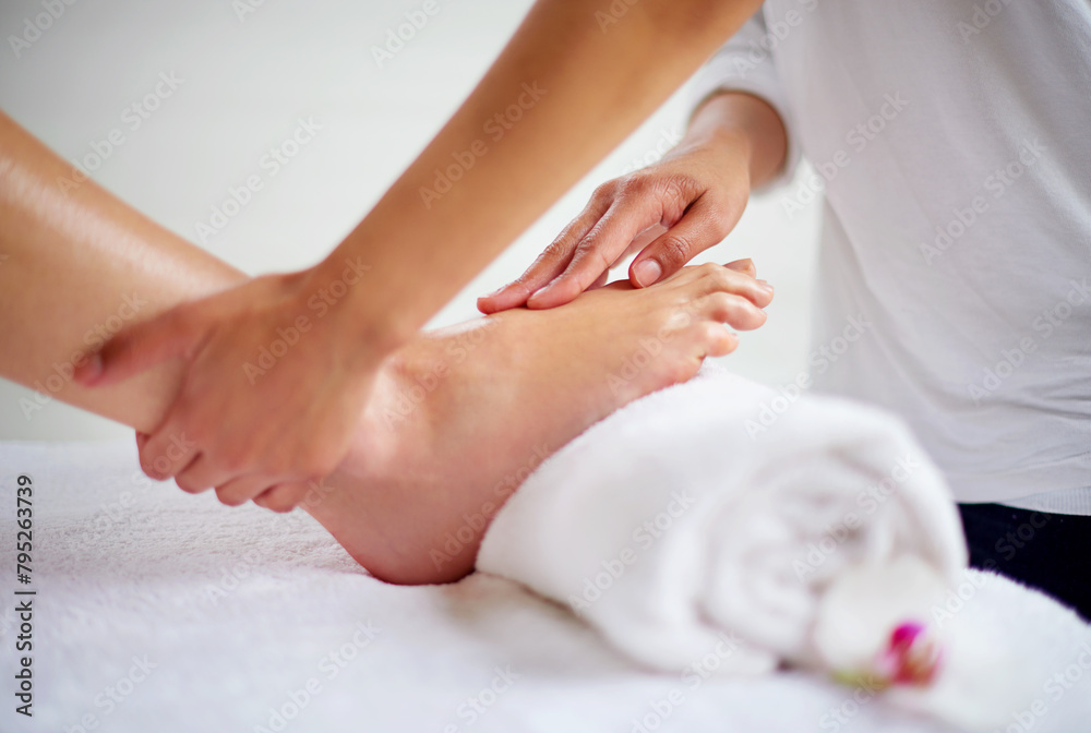 Foot, hands and pressure massage with spa for treatment, beauty and skincare at luxury resort with wellness. Pedicure, cosmetics and people for physical therapy with healing for self care and relief