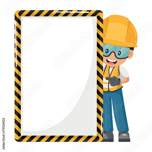 Industrial construction worker holding yellow safety tape sign with space for text for advertising, presentations, brochures. Industrial safety and occupational health at work