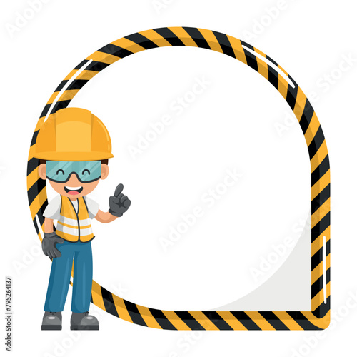 Industrial construction worker holding yellow safety tape sign with copy space for text for advertising, presentations, brochures. Industrial safety and occupational health at work