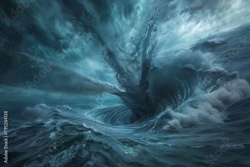 A captivating image of an underwater tornado forming amidst stormy blue water, creating a whirlpool effect with waves swirling around.