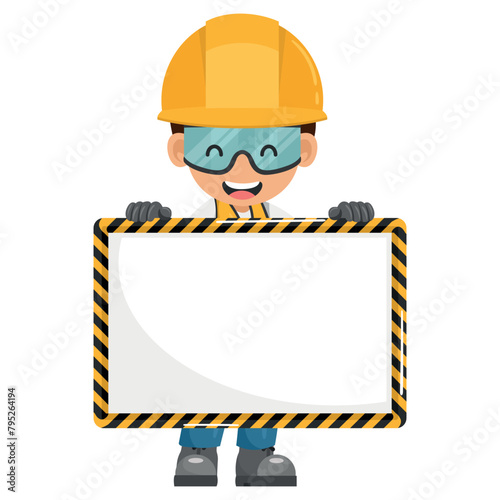 Industrial construction worker holding a yellow safety tape sign with copy space for text for advertising, presentations, brochures. Industrial safety and occupational health at work photo