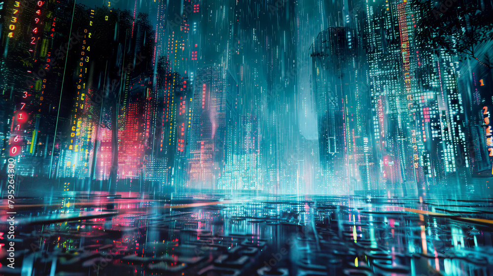Abstract futuristic rain code Matrix on floor dark background.