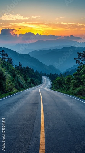 Asphalt highway road and mountain natural scenery at sunrise. Panoramic view.