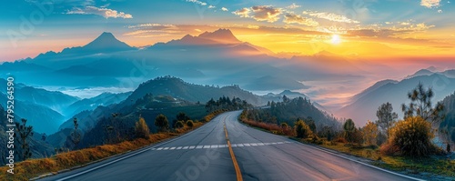Asphalt highway road and mountain natural scenery at sunrise. Panoramic view. #795264590