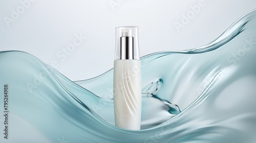 Bottle of moisturizer with slashes and waves on light pastel background, hydrating natural face cream or lotion for healthy skin care photo