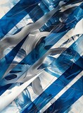  Overlapping Blue and White Diagonal Layers with Silver Accents Abstract