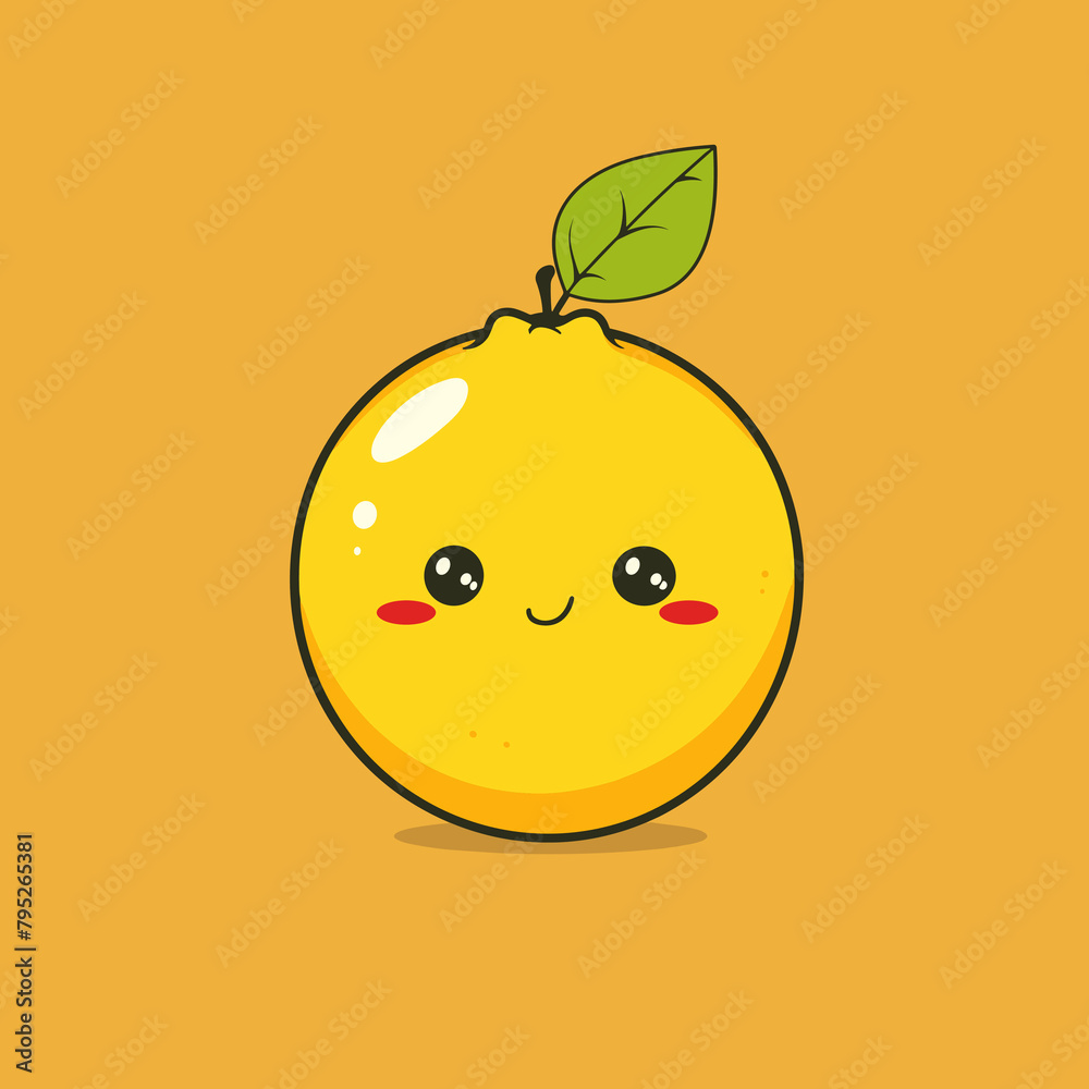 Obraz premium A cartoon orange with a green leaf on top. The orange is smiling and has a cute expression