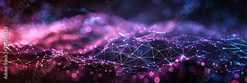 A dark purple background with blue and yellow lines geometric polygonal space low poly network nodes with connected dots and lines on dark blur blue tone background. Concept for digital technology,  photo