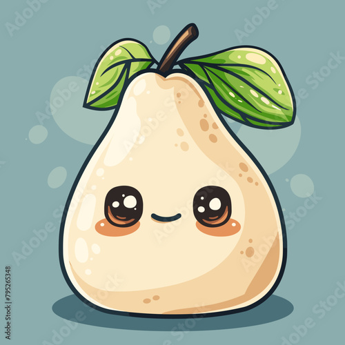 A cartoon pear with a leaf on top is smiling