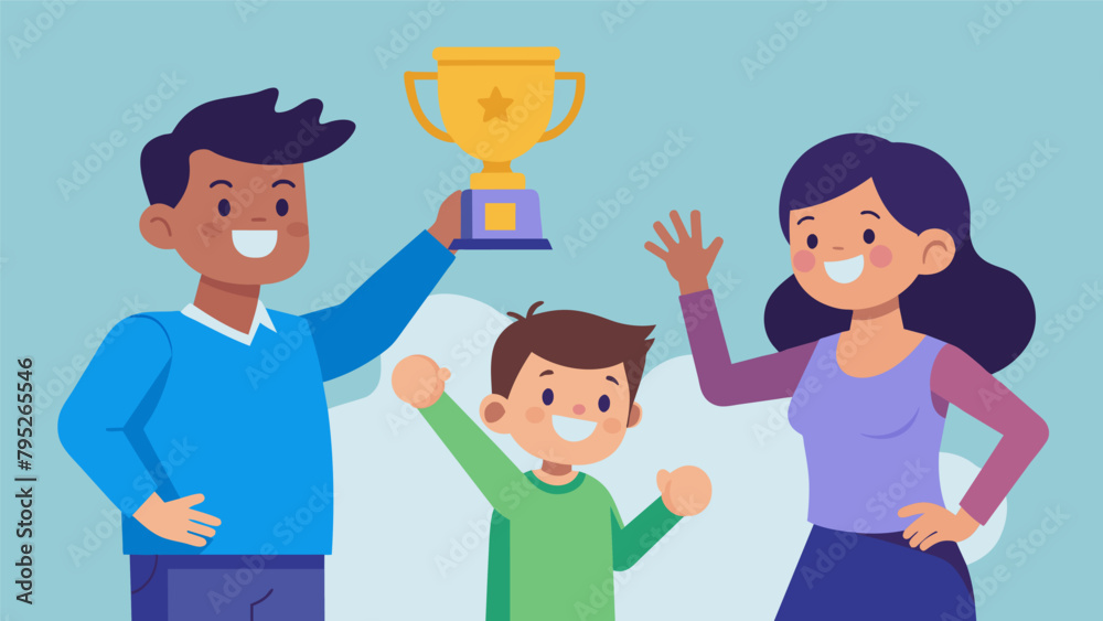 A young child excitedly points to their personalized game night trophy exclaiming I finally won as their parents look on with pride. A young child excitedly points to their personalized game night trophy exclaiming I finally won as their parents look on with pride.