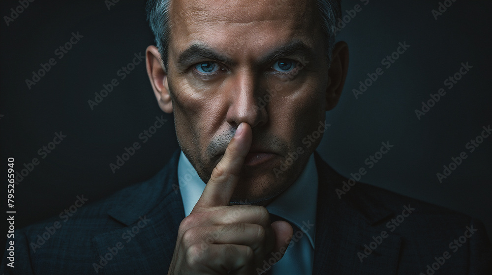 Handsome middle aged businessman in suit making silence gesture on dark background Handsome middle aged businessman in suit making silence gesture on dark background