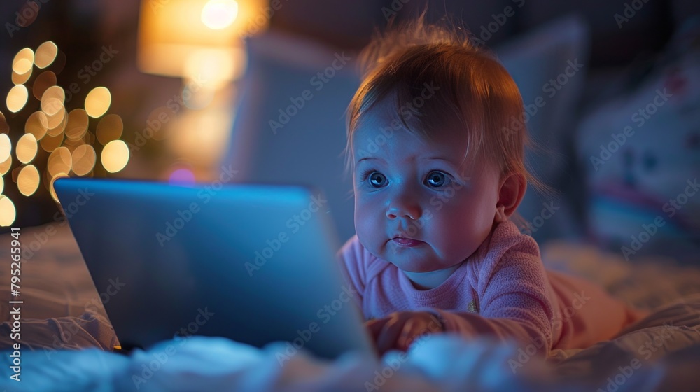 Baby working on the laptop at night Baby working on the laptop at night