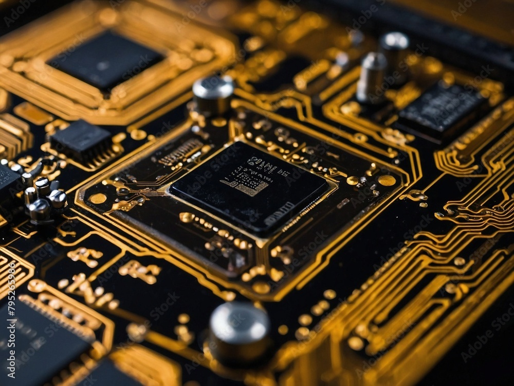 Fototapeta premium A black and gold PCB complete with electronic components installed in it