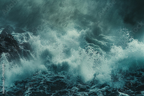 A captivating image of stormy waves crashing against a rugged shoreline, with foam and spray filling the air.
