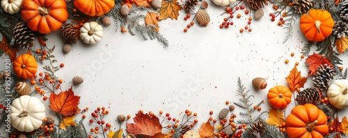 Autumn holiday frame from decorative pumpkins, dried foliage, berry, pinecones, and acorns top view. Thanksgiving day, harvest, autumn, and fall background top view.