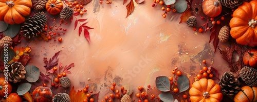 Autumn holiday frame from decorative pumpkins, dried foliage, berry, pinecones, and acorns top view. Thanksgiving day, harvest, autumn, and fall background top view.