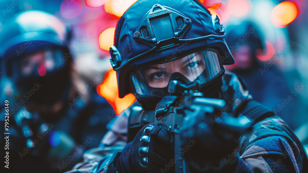 Soldier in a military helmet with a machine gun on the street Soldier in a military helmet with a machine gun on the street