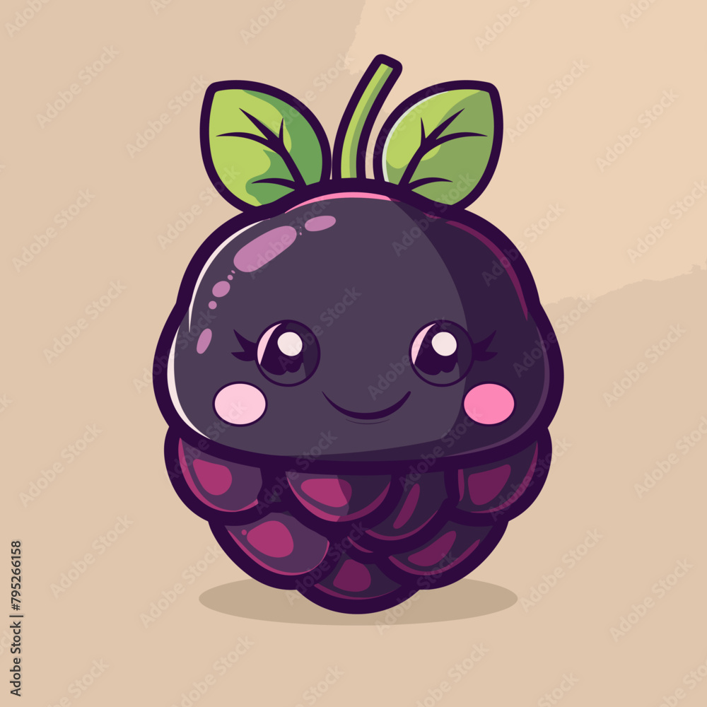 Obraz premium A cartoonish purple Blackberry with a green leaf on top