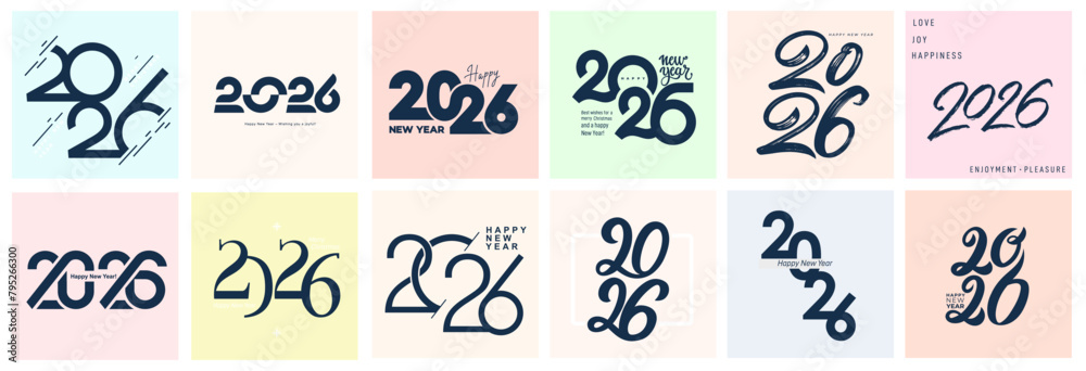 2026 Happy New Year logo text design set. 2026 color number design template. Year design with letter logo concept, poster, calendar, flyer. Christmas 2026 Happy New Year symbols. Vector illustration. 2026 Happy New Year logo text design set. 2026 color number design template. Year design with letter logo concept, poster, calendar, flyer. Christmas 2026 Happy New Year symbols. Vector illustration.